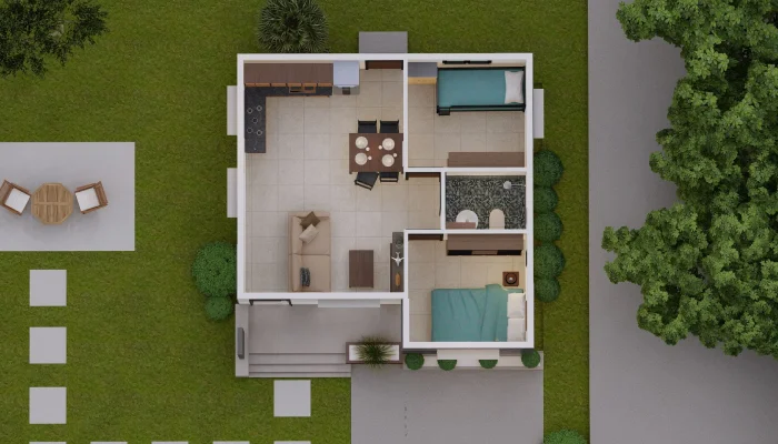 desain denah rumah minimalis 2 kamar tidur ada halaman santai