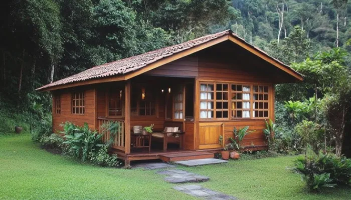 desain model rumah kayu sederhana tapi indah taman kecil