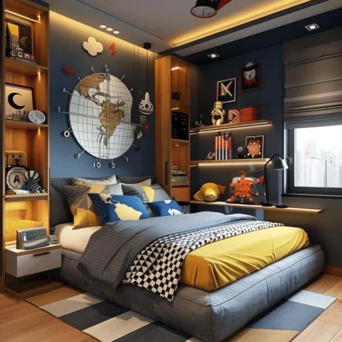 desain kamar tidur anak laki laki tema globe map dunia