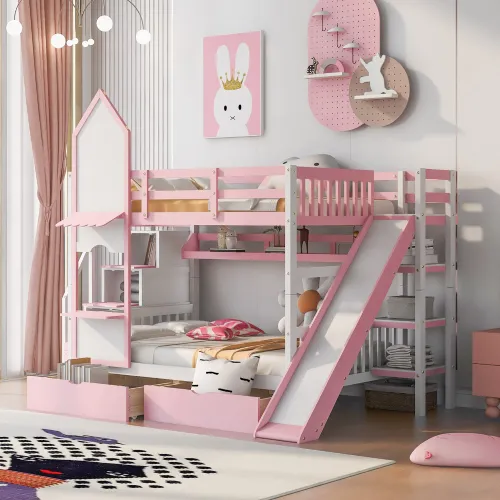 desain tempat tidur anak perempuan bertingkat serba pink