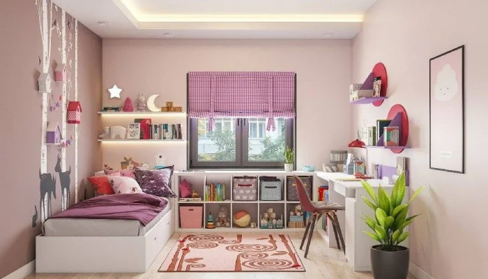 desain kamar tidur anak perempuan rak multifungsi