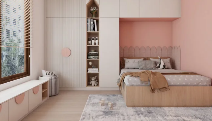 desain kamar tidur anak perempuan rak buku