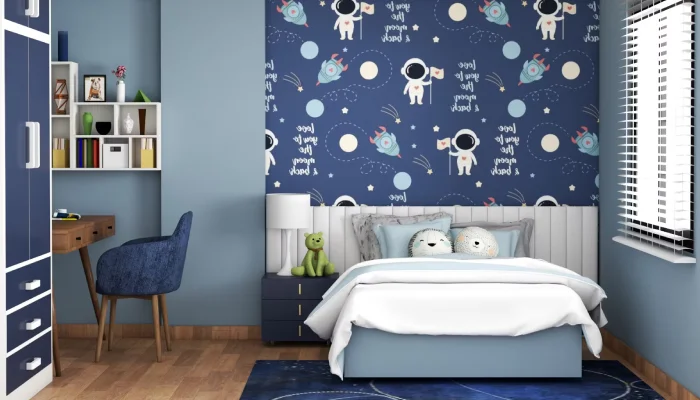 desain kamar tidur anak laki laki biru rak multifungsi