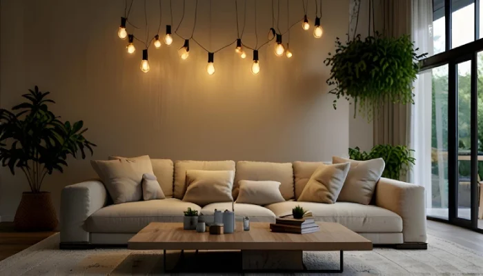 dekorasi ruang tamu sederhana tapi menarik dengan lampu aesthetic