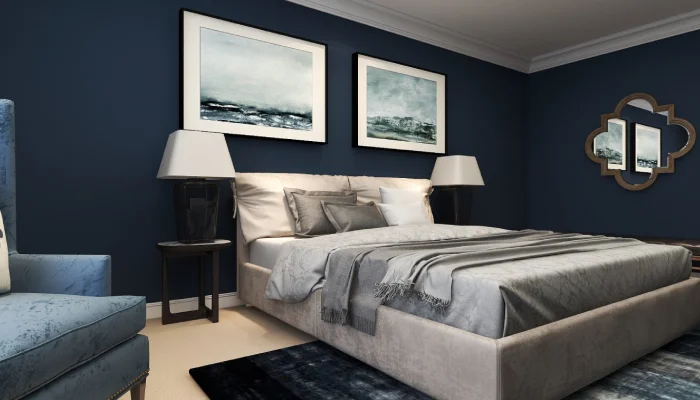 Kamar Tidur dengan Warna Cat Biru Tua