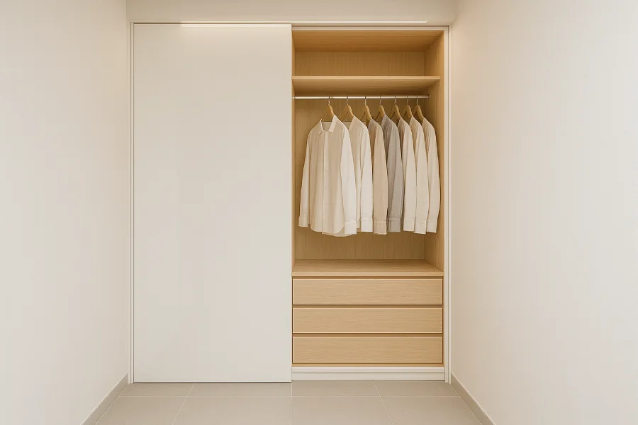 Desain lemari pakaian untuk kamar sempit White Glossy
