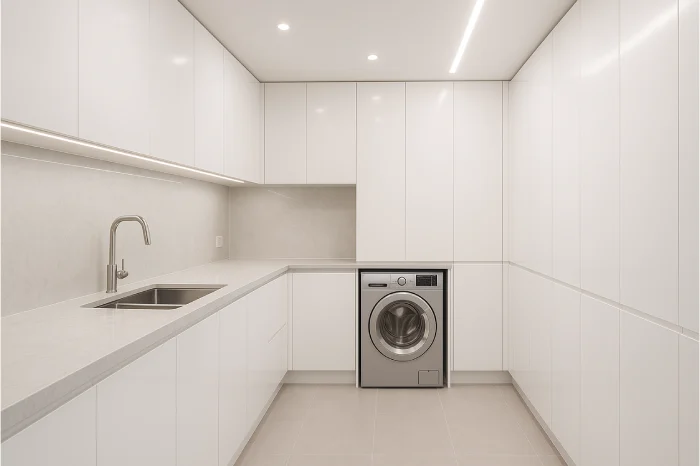 desain dapur dan tempat cuci baju minimalis Kabinet Putih Glossy