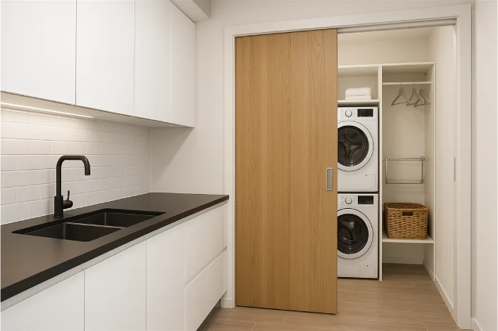 desain dapur dan tempat cuci baju minimalis Pintu Geser Kayu