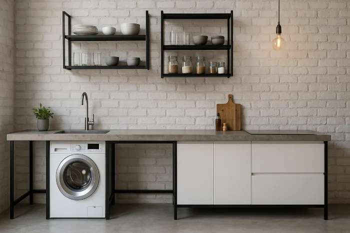 desain dapur dan tempat cuci baju minimalis Rak Besi Industrial