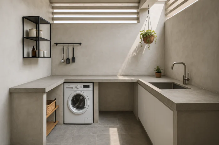 desain dapur dan tempat cuci baju minimalis Semi-Outdoor Beton Ekspos