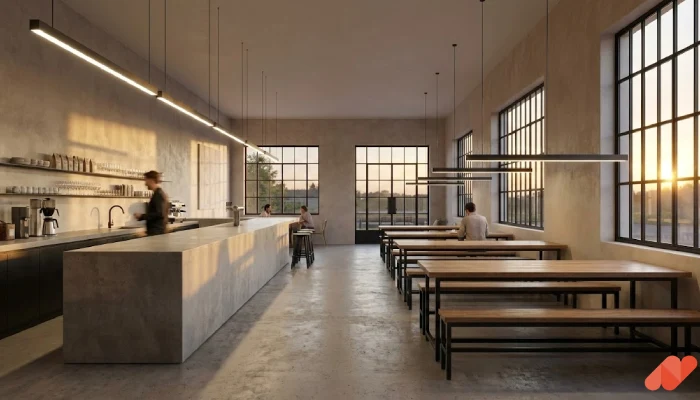 desain cafe minimalis Industrial Semen Ekspos