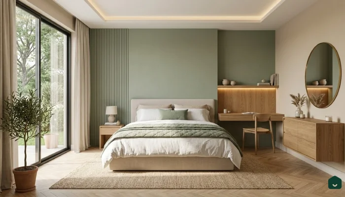 8cat kamar tidur 2 warna Sage Green & Beige Minimalist