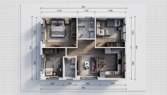 Denah Rumah 3 Kamar minimalis Ukuran 6x8