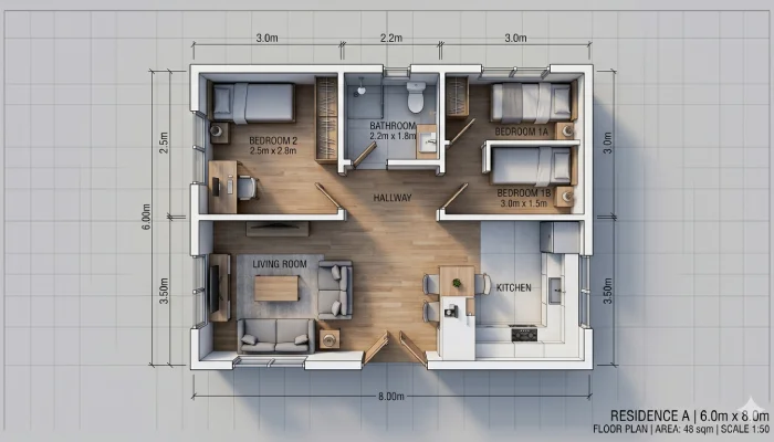 Denah Rumah 3 Kamar minimalis Ukuran 6x8 (8)