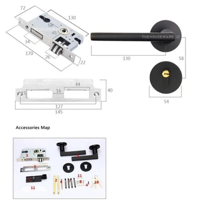 Gagang Pintu Gaya Eropa Hitam Full Set _ Kunci Pintu Premium Door lock (2)
